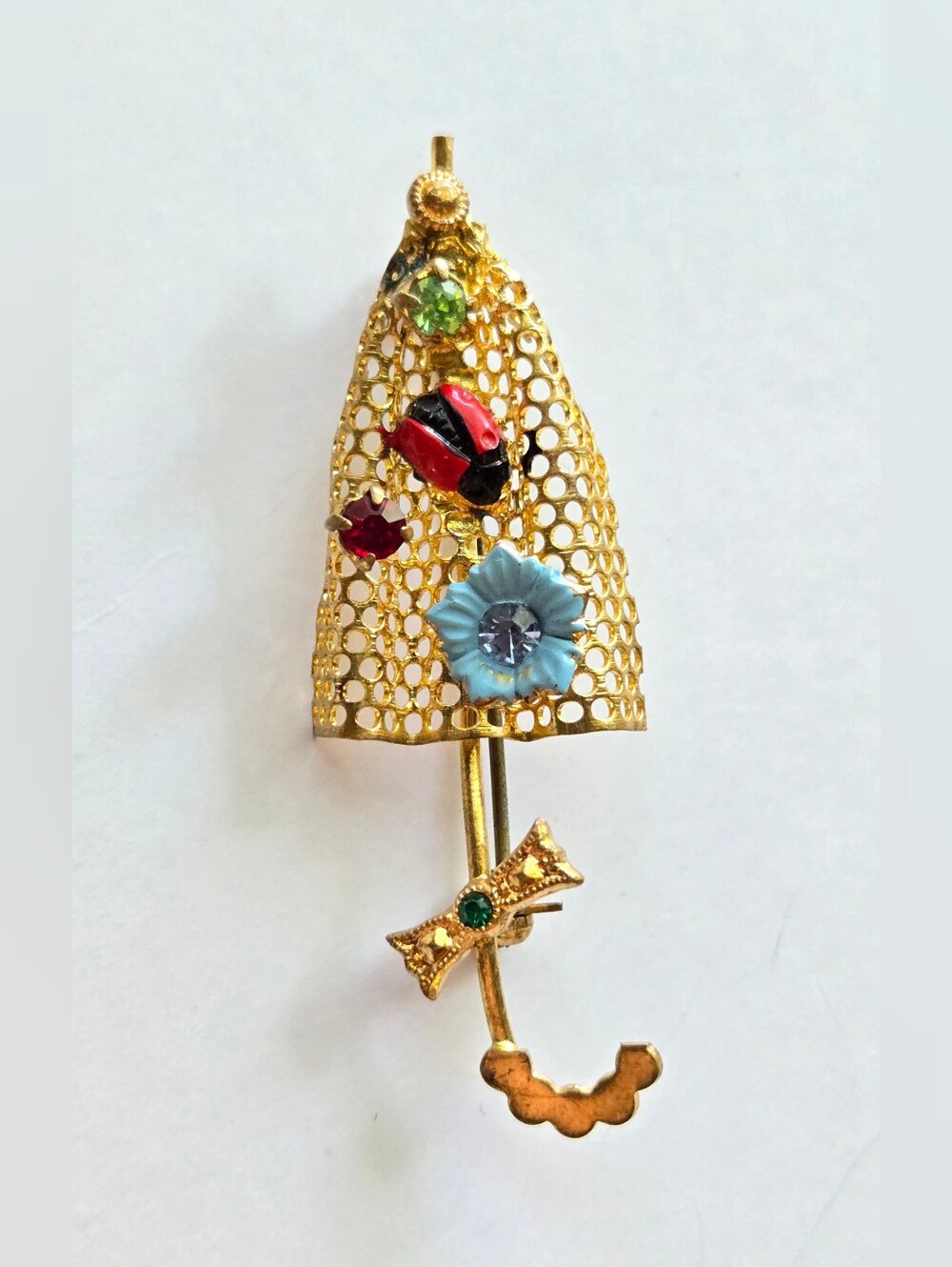 Vintage Gold-Tone Umbrella Brooch Ladybug Flower Uranium Rhinestone